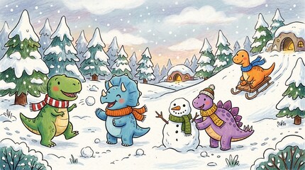 Fototapeta premium Cute dinosaurs play snowballs, build a snowman, and sled a snowy hill on a winter day