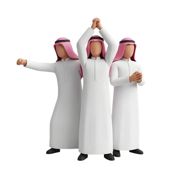 Three 3D cartoon men in traditional Saudi attire
