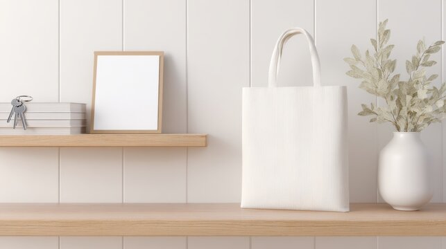 Minimalist neutral entryway shelf with blank frame tote bag keys and vase for interior design background and product mockup