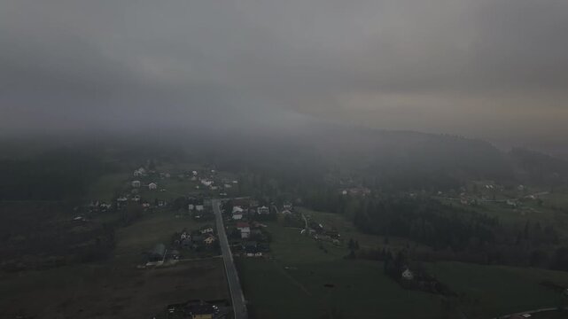 Atmospheric aerial footage captures low cloud and fog surrounding Jablunkov Fortress in the Czech Republic during a moody early morning.