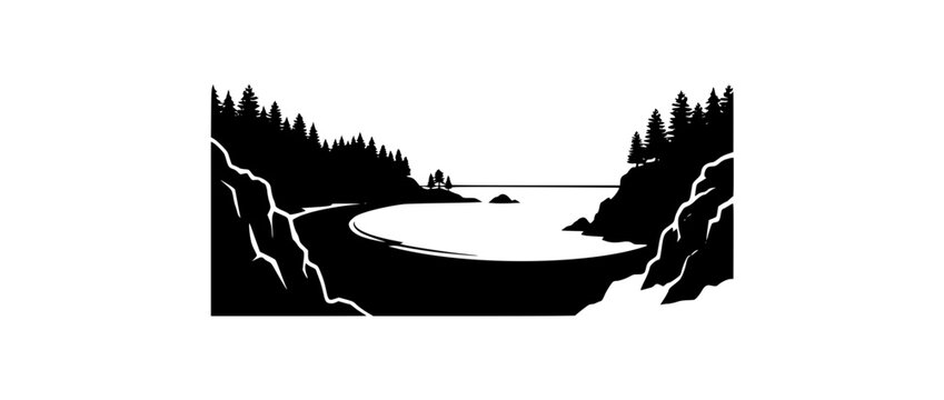 minimalist coastal bay silhouette with cliffs and pine forest landscape