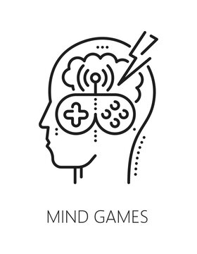Mind games mental health, psychology line icon or pictogram. Psychotherapy vector icon, cognitive disorder problem sign. Psychology and mental health pictogram with head and videogame controller