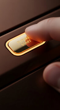 Close-up of a finger pressing a gold button labeled "FUTURE START" on a dark surface, symbolizing initiation, innovation, and progress