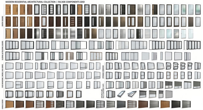 Modern Facade Components: 3D Doors and Windows Grid
