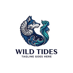 Fototapeta premium Artistic fusion of a wild wolf and a flowing ocean wave with stars, suitable for creative branding, tattoo design, or fantasy themes.