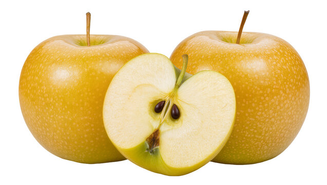 Golden Delicious apples, one sliced in half showing seeds and core