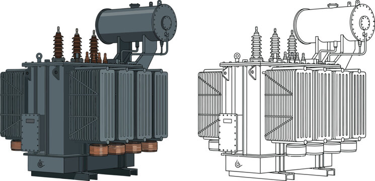 Industrial power transformer electrical substation equipment illustration isolated on white background for energy projects