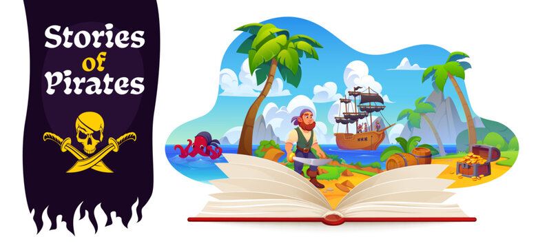 Opened book with pirates and corsairs stories featuring sailing ship, treasure chest and pirate on tropical island. Playful cartoon design for educational materials or library posters