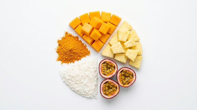 Fresh ingredients for a tropical smoothie including diced mango, pineapple chunks, shredded coconut, passion fruit halves, and turmeric powder arranged in a pie chart on a white background