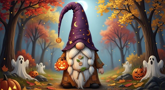Halloween gnome in autumn forest with ghosts and pumpkins on spooky night