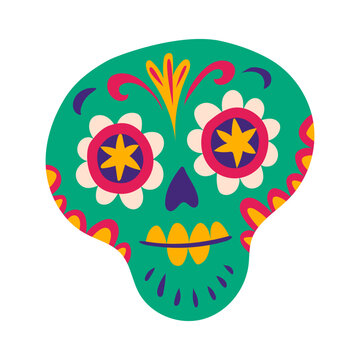 Day of the Dead Mexican green colorful sugar skull. Hispanic culture sugar skull, Dia de Los Muertos vector decoration. Day of the Dead skeleton head with symmetrical floral flower petal ornaments