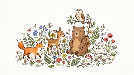 Obraz premium A cheerful gathering of a bear with a backpack, fox, fawn, owl, and rabbit in a wildflower field