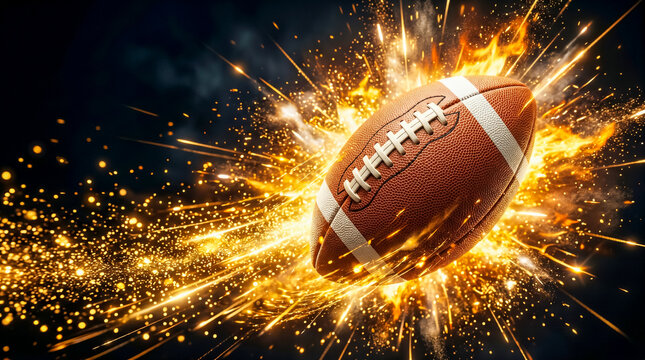American football ball with dynamic explosion of fire and sparks on dark background