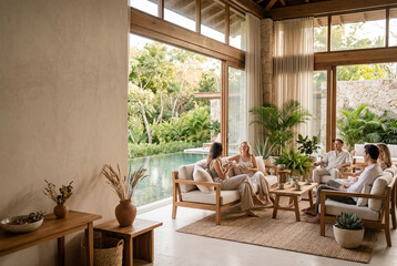 Fototapeta premium Group of four people sitting together in a modern space with large windows and plants during daytime