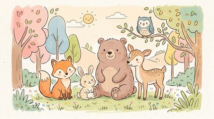 Obraz premium Fox, rabbit, bear, deer, and owl gather in a sunny meadow among colorful trees