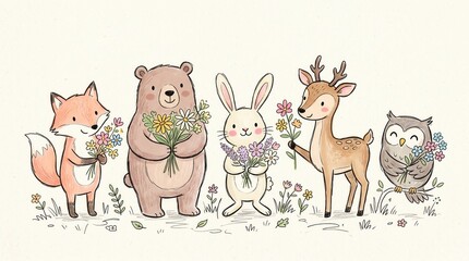 Obraz premium Five smiling woodland creatures stand with colorful flower bouquets in a whimsical outdoor setting