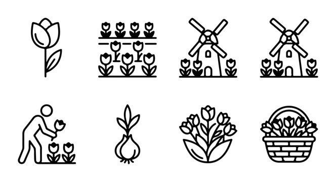 Tulip Icons, Flower Garden Symbols, Farming & Botany Vector Set