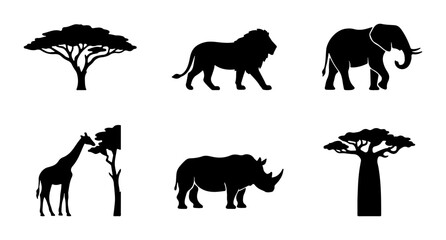 African Safari Icons: Lion, Elephant, Giraffe, Rhino, Trees © MdParvej