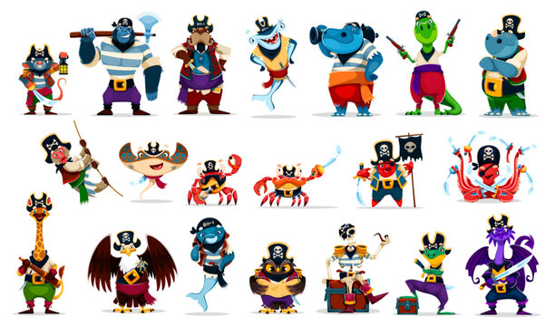 Cartoon animal pirates and corsairs crew vector characters. Gorilla with axe, stingray, crab, walrus with tusks. Octopus, owl, eagle and shark with scarf, hippo, crocodile and mouse pirate characters