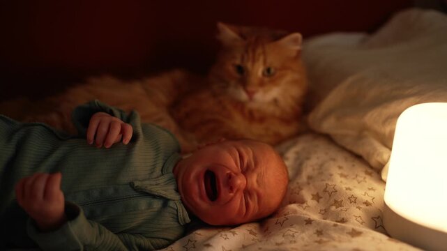 Domestic ginger cat is annoyed by a crying newborn baby lying on a bed at night. An authentic moment highlighting pet jealousy and the challenges of introducing a new baby into the home