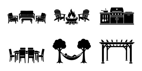 Obraz premium Outdoor Living Icons: Patio Furniture, Grill, Fire Pit, Hammock, Pergola