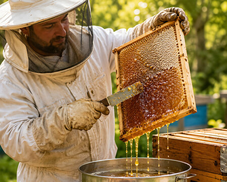 Beekeeper harvesting fresh honey from honeycomb in apiary