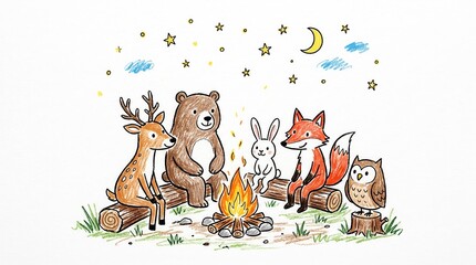 Naklejka premium Cartoon deer, bear, rabbit, fox, and owl sit by a campfire under a moonlit, starry sky