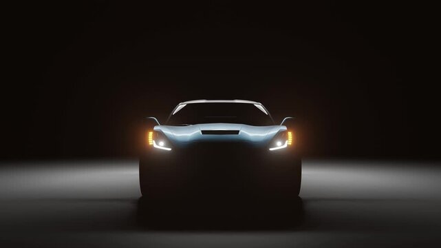 3D Rendered Super car Cinematic Camera angle view in dark background, White sport car headlights blinking in dark with a black background, supercar movie view