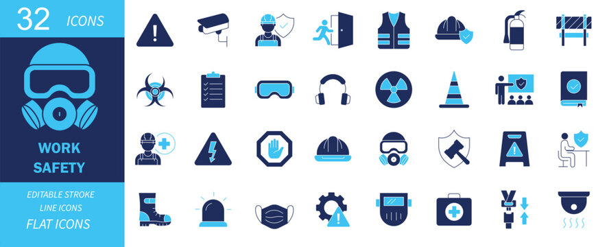 Work safety icons set, 32 industrial occupational health and safety symbols, blue flat vector icons for construction site protection