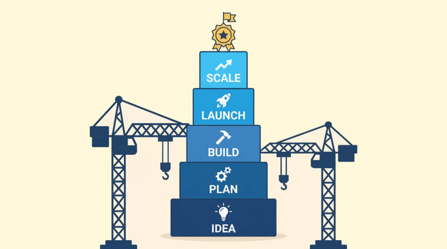 A business strategy plan is being built with cranes and blocks labeled with phases.