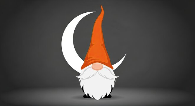 Halloween gnome illustration with crescent moon hat on spooky dark background for october 31st celebrations