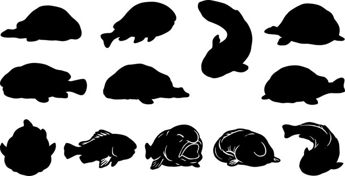 vector can editable Abyssal deep sea fish silhouettes featuring the unusual morphology of the blobfish