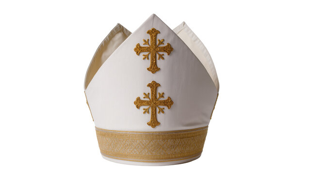 White Mitre Hat with Gold Crosses and Trim