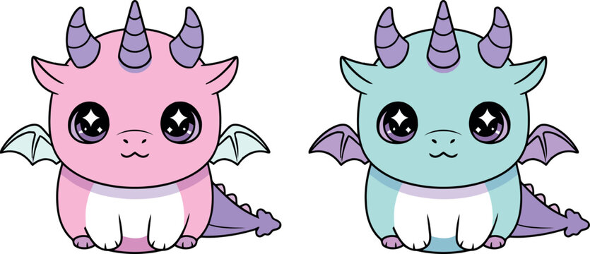 Cute Cartoon Dragons Sitting in Pastel Colors