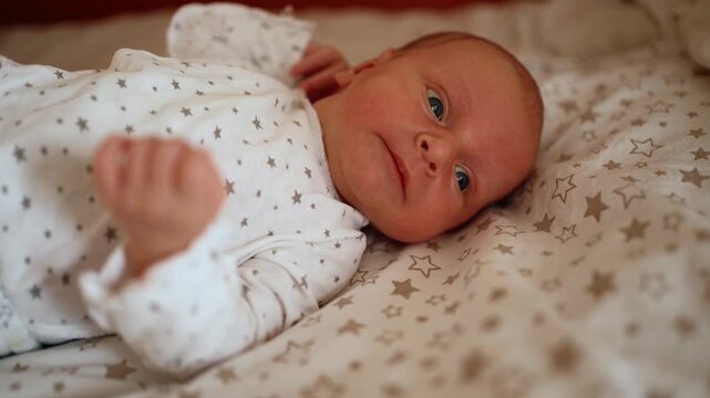 Sweet newborn baby in pajamas with stars lying on a bed and looking at the world with wide open blue eyes. Cute infant expressing emotions and curiosity while resting in a cozy crib