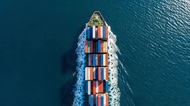 Cargo Ship at Sea: An aerial view captures a large cargo ship laden with colorful shipping containers sailing across the deep blue ocean, leaving a trail of white foam in its wake.