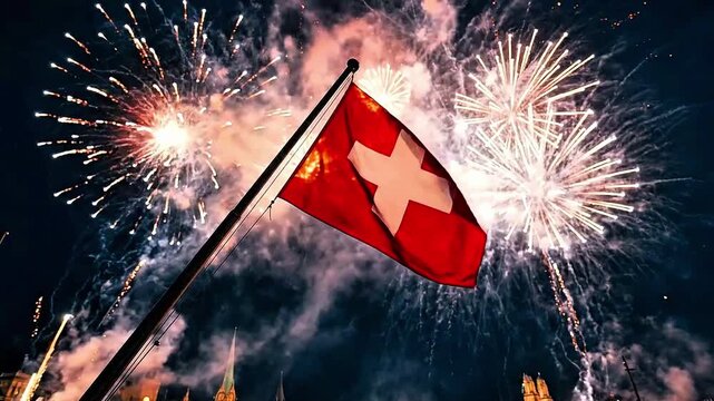 close-up, Swiss flag with fireworks, Independence Day setting, important day, nighttime, 