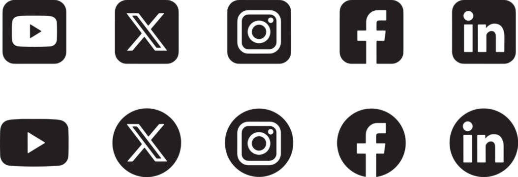 Comprehensive Black and White Social Media Brand App Icon Vector Set Featuring YouTube, X, Instagram, Facebook, and LinkedIn in Square and Circle Shapes