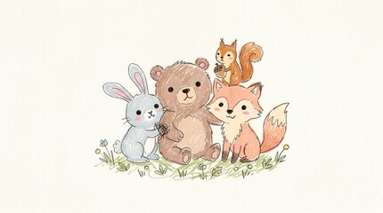 Naklejka premium Friendly bear, fox, bunny, and squirrel pose together in a grassy field outdoors at daytime