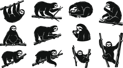 Fototapeta premium vector can editable Relaxed silhouette set of sloths hanging from branches and moving slowly through the canopy