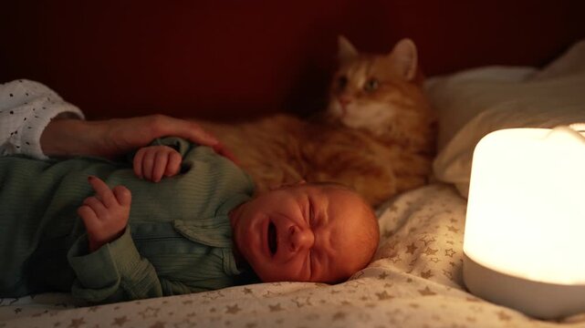 Newborn baby crying in a cozy bed at night, with a mother's hand gently consoling the infant, as a fluffy ginger cat watches attentively in the warm glow of a bedside lamp