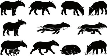 Obraz premium vector can editable Unique tapir silhouettes illustrating the distinctive proboscis and forest dwelling habits