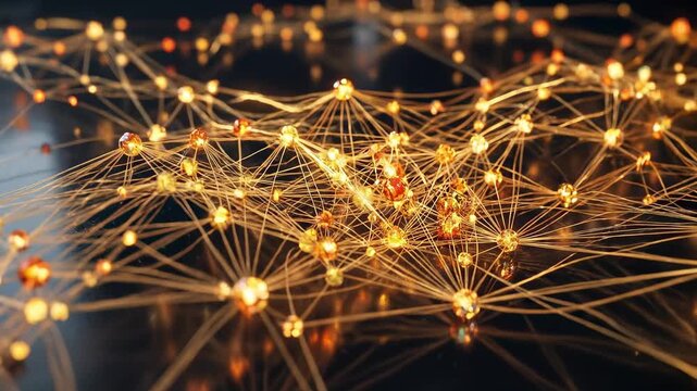 Abstract macro view of a complex digital neural network featuring bright glowing gold nodes and connected lines over a dark reflective background. Modern technology, video concept.