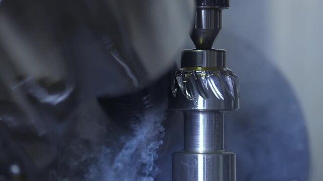 CNC Gear Grinding Process with High Precision and Liquid Fluid, Industrial Machine Manufacturing Steel Transmission Gear, Automated Metalworking Technology, Factory Production Line Close Up Industrial