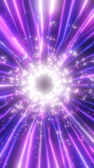 Fototapeta premium Bright purple and magenta neon rays burst around a dark center, creating a sparkling futuristic energy vortex.