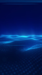 Obraz premium Blue digital particle wave with glowing horizon lines, representing futuristic data landscape, network technology, and virtual flow.