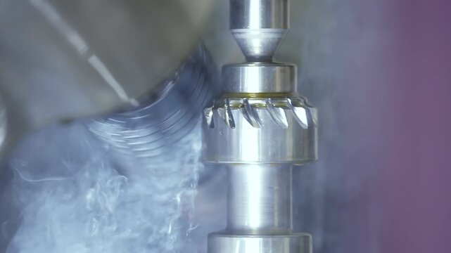 CNC Gear Grinding Process with High Precision and Liquid Fluid, Industrial Machine Manufacturing Steel Transmission Gear, Automated Metalworking Technology, Factory Production Line Close Up Industrial