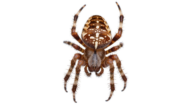 Orb weaver spider with brown and white markings on abdomen