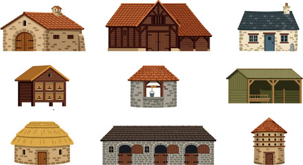 Traditional Historical Farm Buildings Flat Icon Set Featuring Wine Cellar Timber Barn Apiary Well House and Stable for Infographic Graphic Designs © Fahim