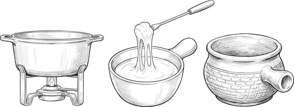 Vintage Hand Drawn Cheese Fondue Set with Caquelon Ceramic Pot Burner Stand and Dipping Fork for Traditional Swiss Culinary Culinary Menu Vector Illustrations